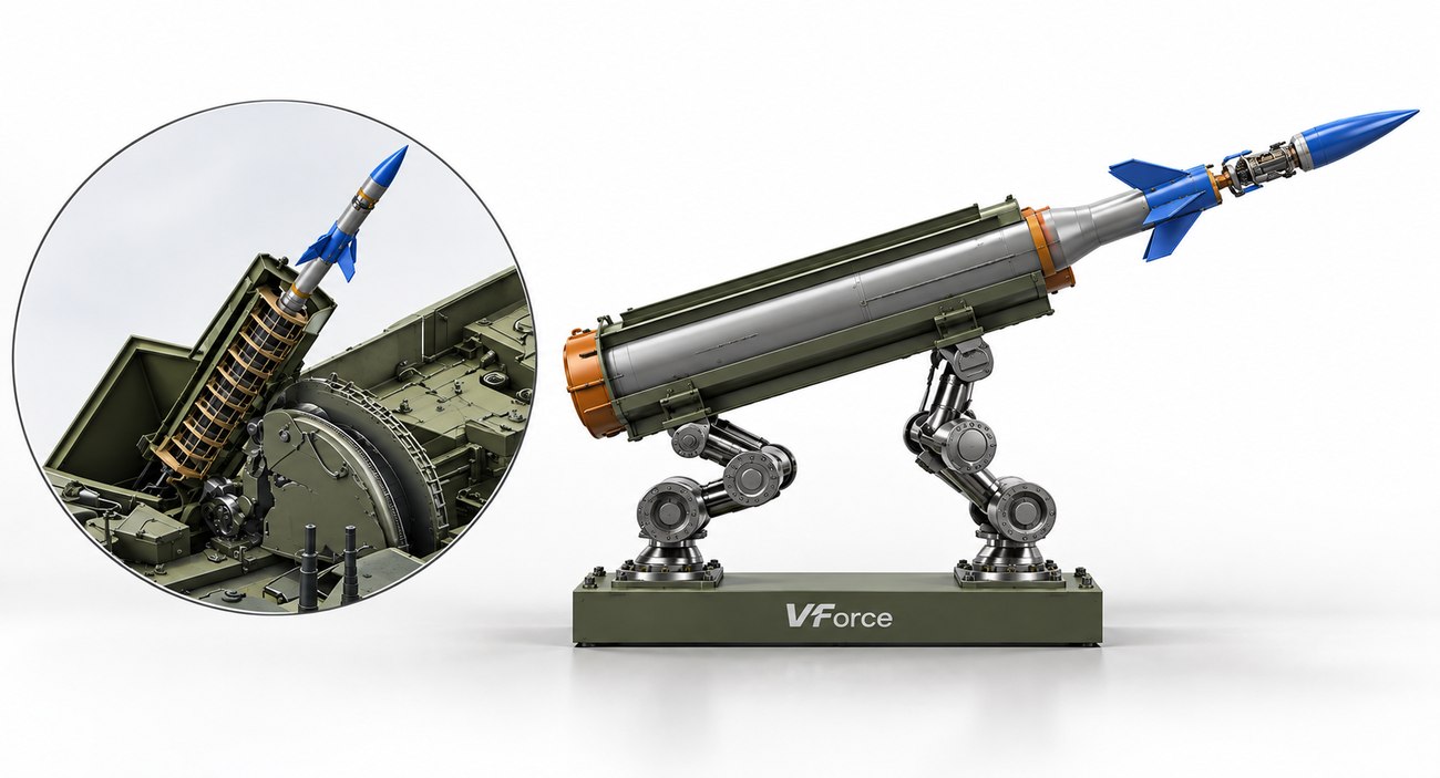VForce platform carrying rocket launchers on an armoured vehicle, shown extended from its protective casing