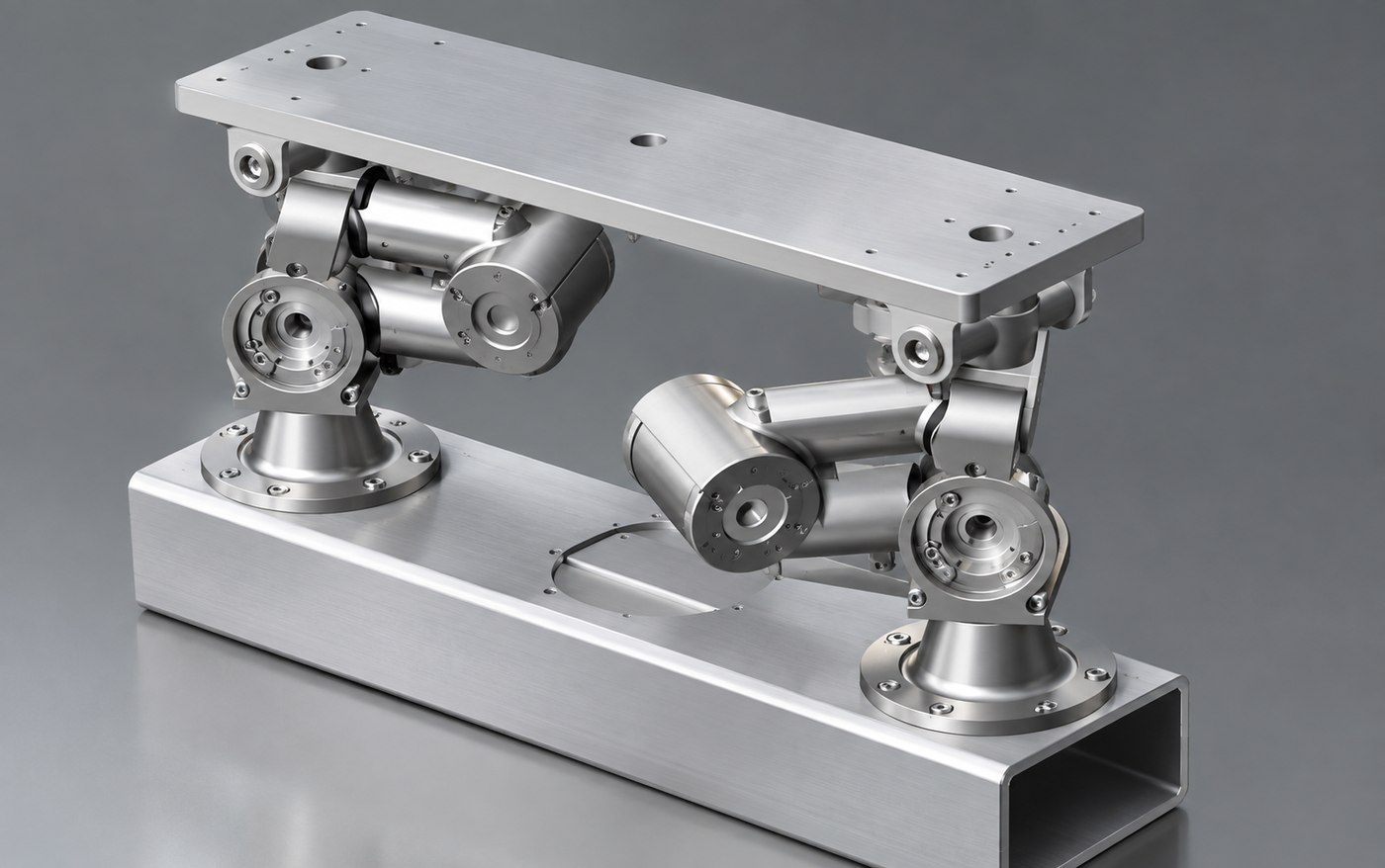 Render of the VForce compound-motion platform: two articulated arms carrying a moving top plate on a steel base beam